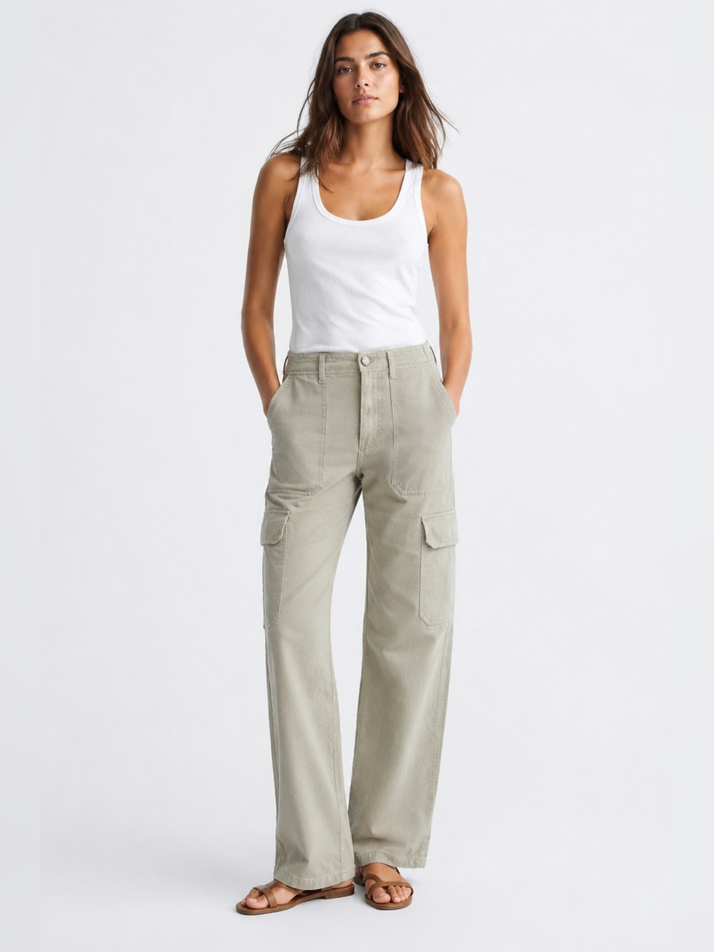 Zara Khaki Cargo Pants Utility Straight Leg Size 0 US Beige Casual